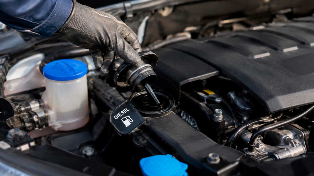 Mecánico revisando el motor de un coche diésel para evitar averías y problemas relacionados con el mantenimiento del vehículo