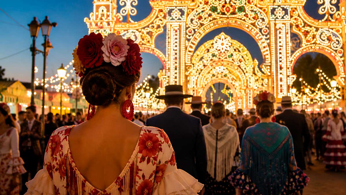 Mujeres vestidas de flamenca durante el encendido del alumbrado de la Feria de Córdoba 2026 en El Arenal