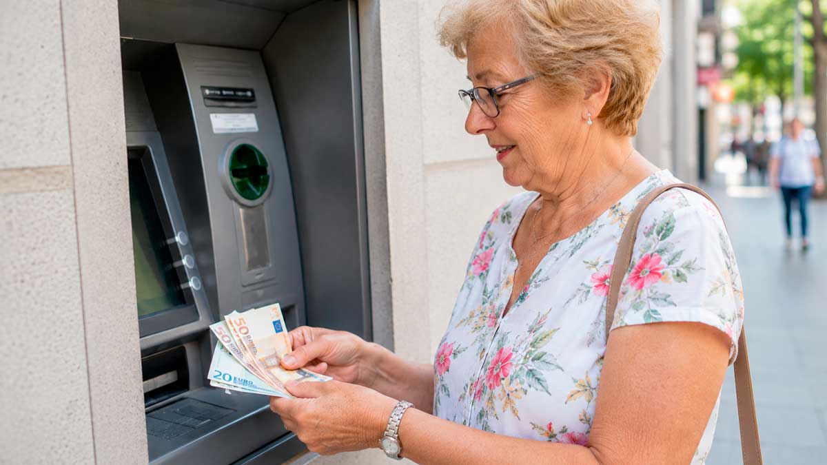 Pensionista sacando dinero en efectivo de un cajero tras cobrar la paga extra de verano en 2026