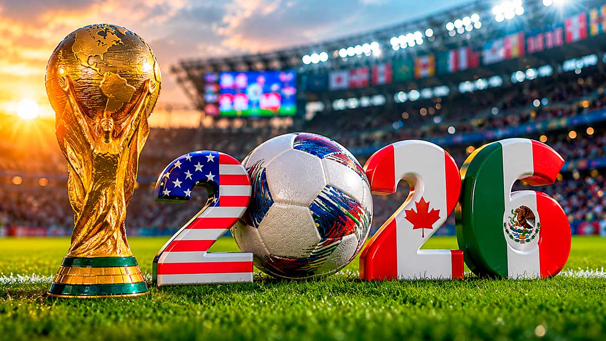 Trofeo y balón del Mundial de fútbol 2026 junto al número 2026 con las banderas de Estados Unidos, Canadá y México