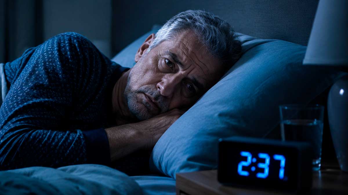Hombre de 60 años con insomnio durante la noche por problemas de sueño y envejecimiento relacionado con dormir poco