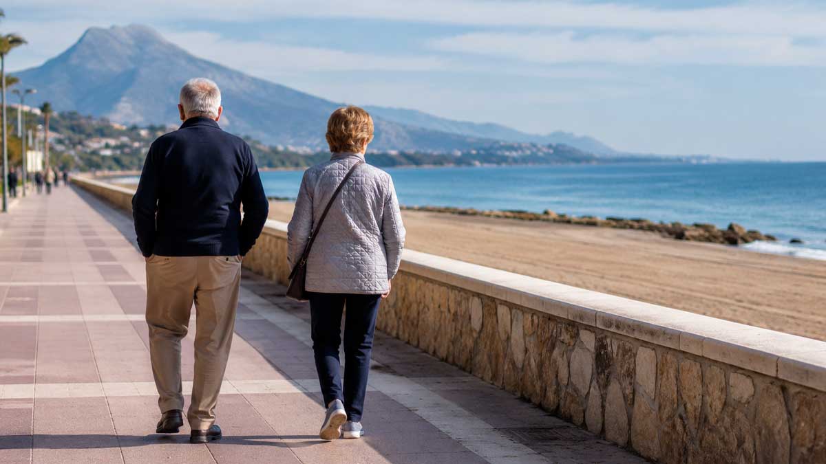Dos personas jubiladas pasean por el paseo marítimo mientras aumenta la edad real de jubilación en Andalucía.