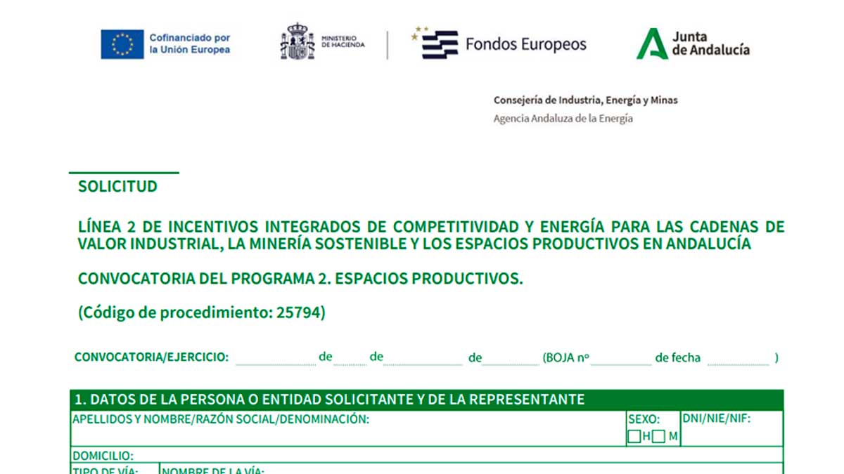 Formulario oficial de ayudas para mejora energética en espacios productivos de Andalucía publicado por la Junta de Andalucía