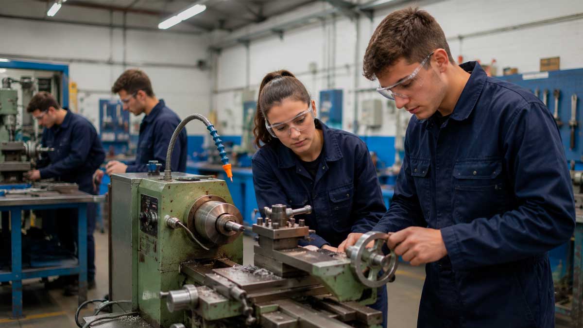Alumnos de Formación Profesional trabajando en un taller industrial de Andalucía