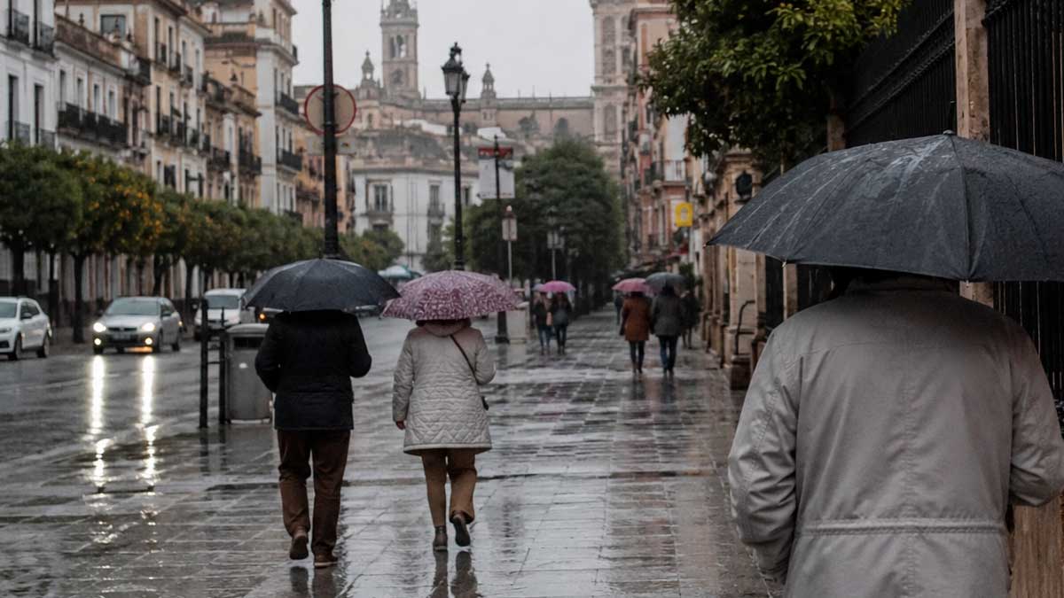 Lluvias y descenso de temperaturas en una calle de Andalucía por la llegada de una borrasca este fin de semana