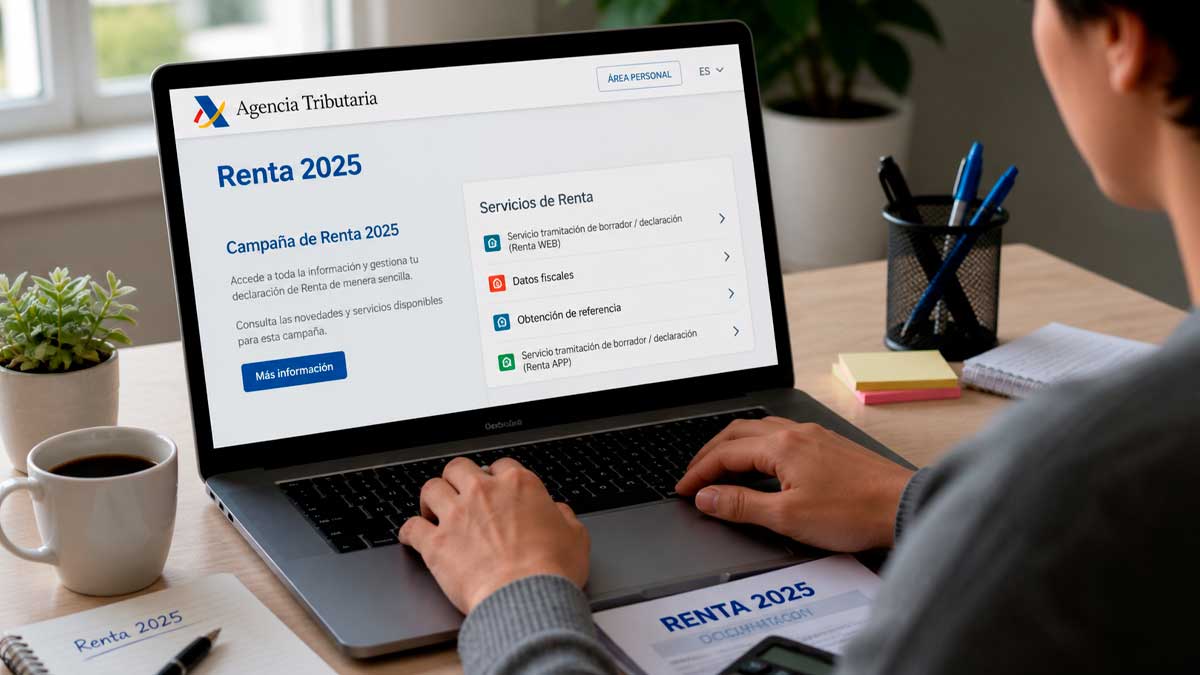 Persona revisando la declaración de la renta 2025 en la web de la Agencia Tributaria desde un portátil en casa