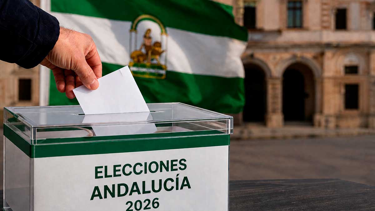 Votante introduciendo papeleta en urna de las elecciones de Andalucía 2026 con bandera andaluza de fondo