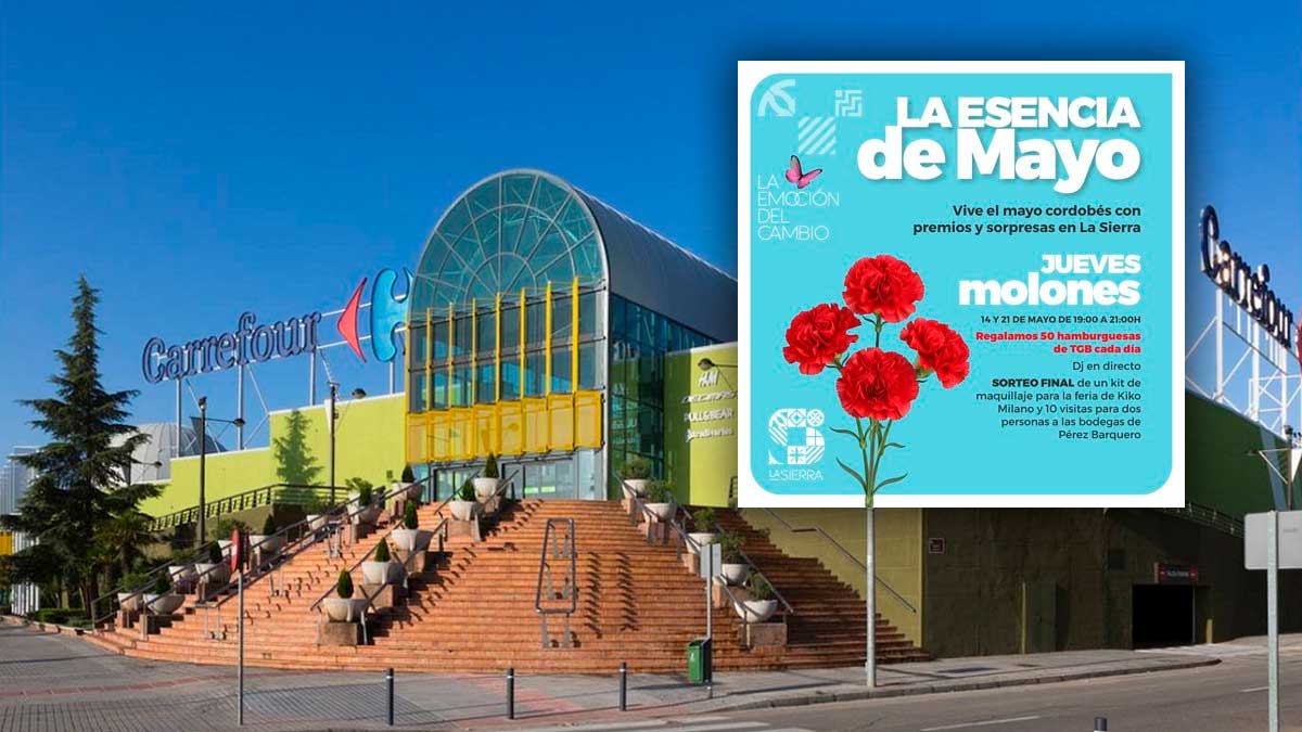 Cartel de los jueves molones en el centro comercial La Sierra de Córdoba con hamburguesas gratis, sorteos y música en directo