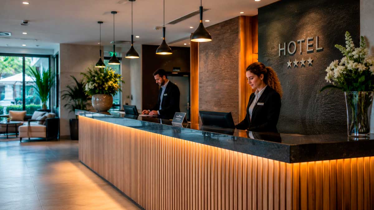 Recepción de hotel en Andalucía vinculada a los cursos de turismo sostenible impulsados por la Junta