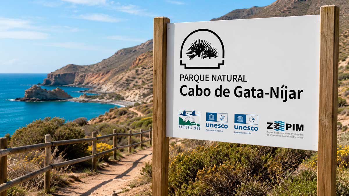 Cartel informativo del Parque Natural Cabo de Gata-Níjar en la costa de Andalucía
