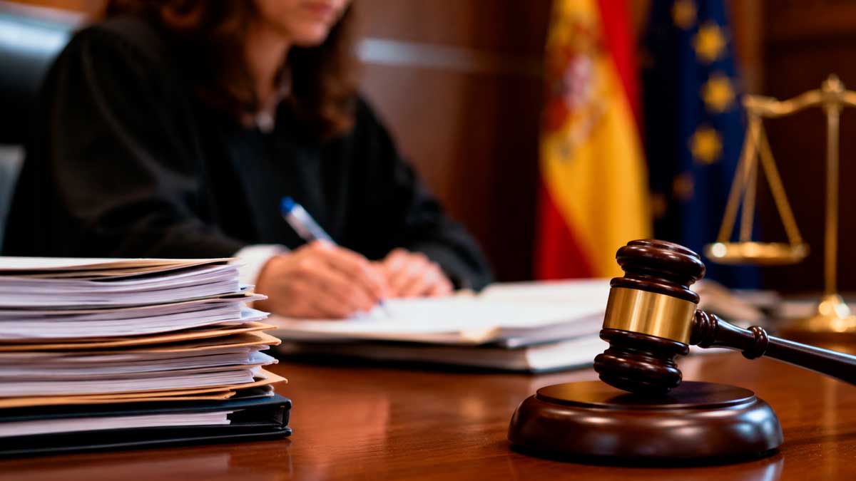 Jueza revisando documentos judiciales en un tribunal por el despido de una trabajadora en Málaga