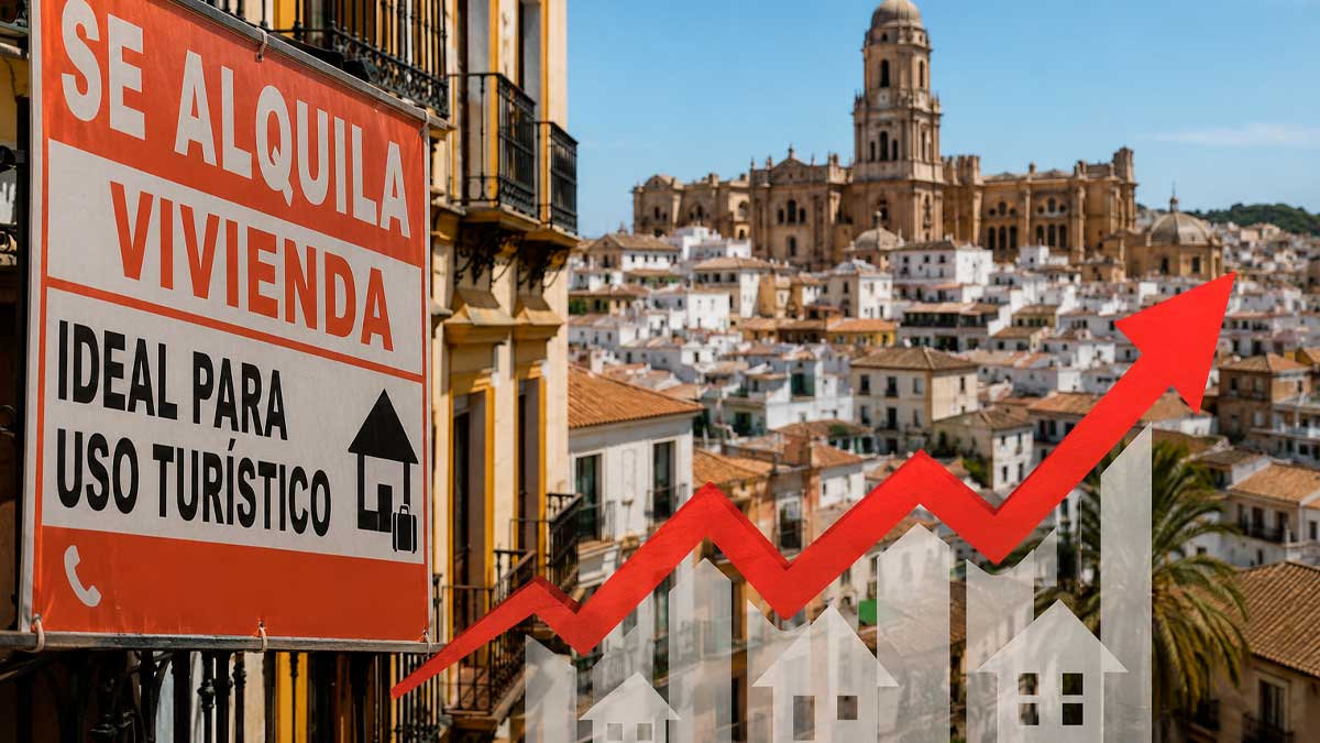 Cartel de vivienda en alquiler en una ciudad de Andalucía con subida de precios por el turismo y la alta demanda inmobiliaria