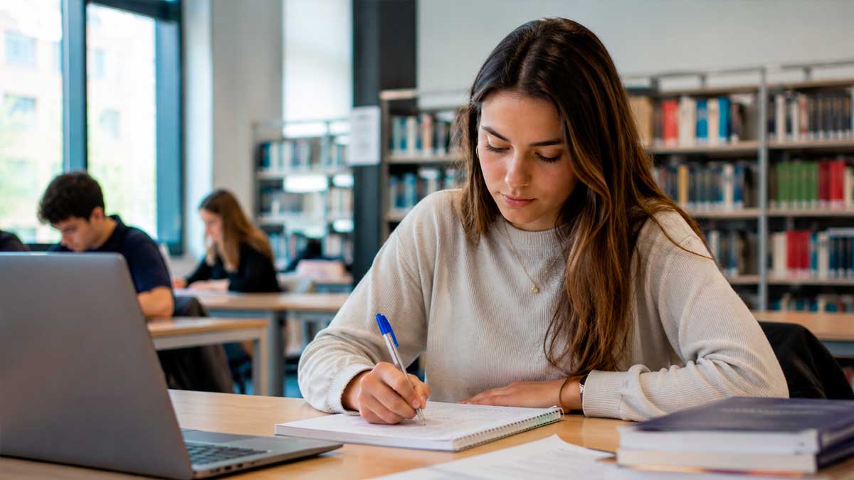 Estudiante de máster universitario en una biblioteca durante el proceso de solicitud de plazas en Andalucía para el curso 2026/2027