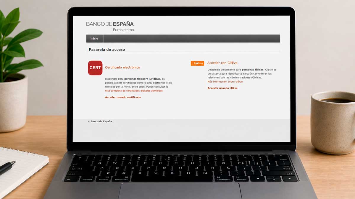 Acceso a Mi CarpetaBE del Banco de España en portátil con certificado digital y Cl@ve