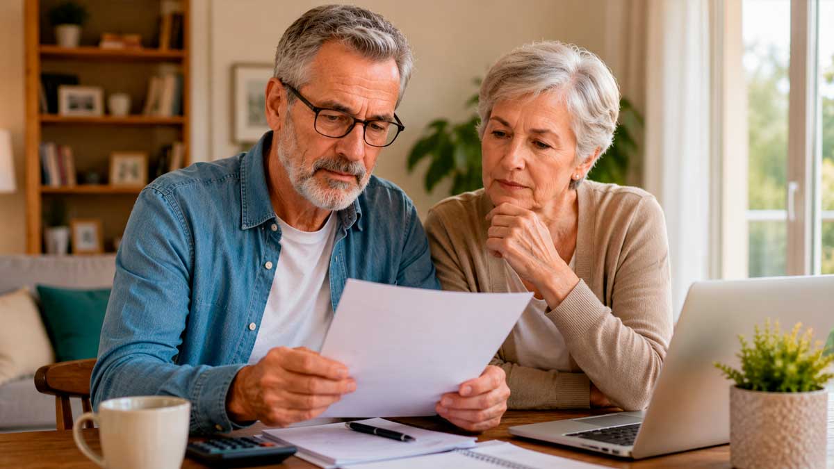 Pareja revisando documentos sobre la jubilación anticipada entre los 61 y 63 años en una vivienda