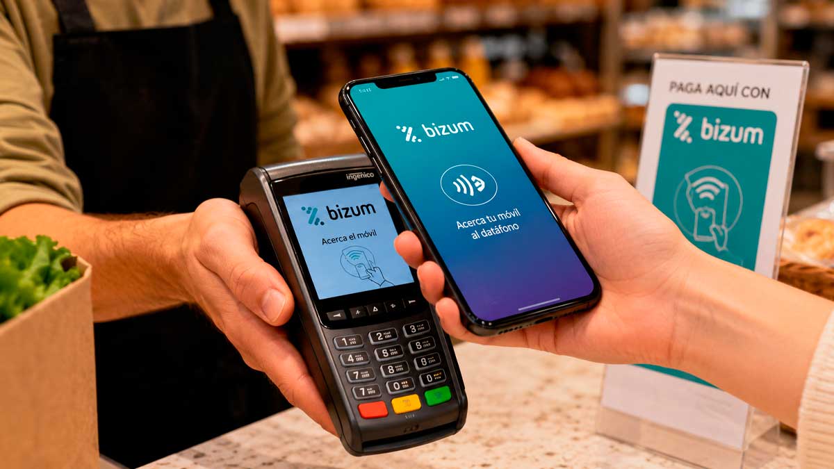 Cliente pagando con Bizum en una tienda física mediante móvil y terminal TPV compatible