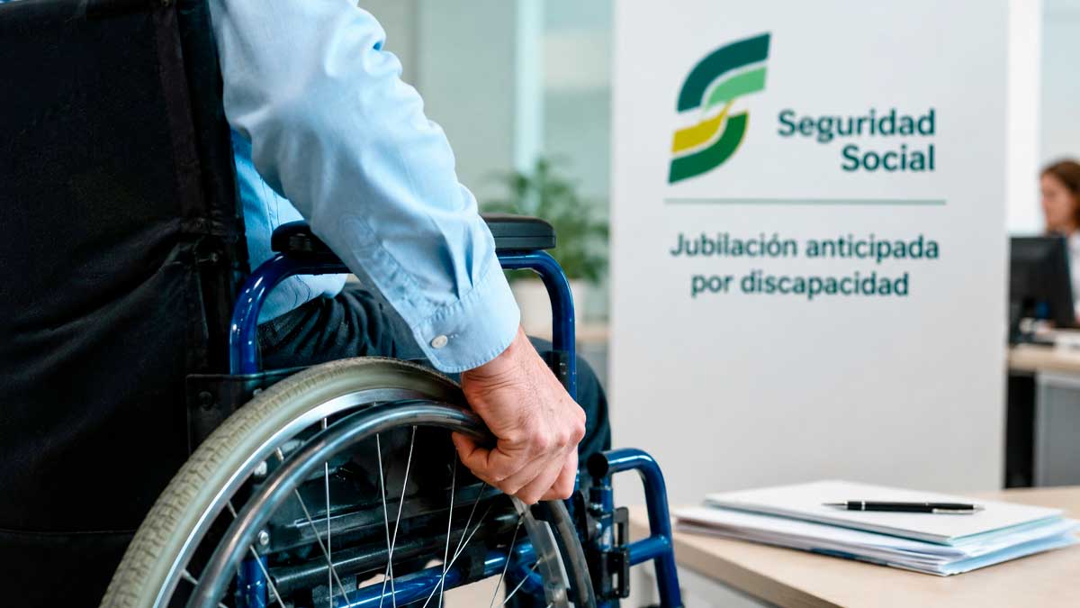 Persona en silla de ruedas junto a un cartel de la Seguridad Social sobre jubilación anticipada por discapacidad