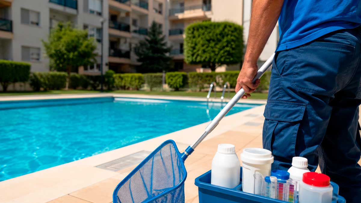 Operario realizando labores de mantenimiento en una piscina comunitaria de Andalucía