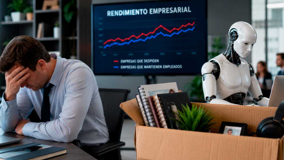 Trabajador preocupado en una oficina junto a un robot por los despidos relacionados con la inteligencia artificial