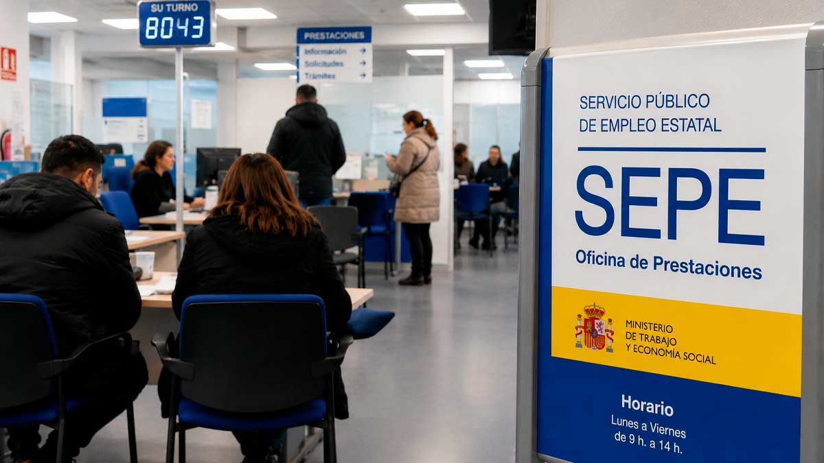 Oficina del SEPE con personas realizando trámites de empleo y formación laboral