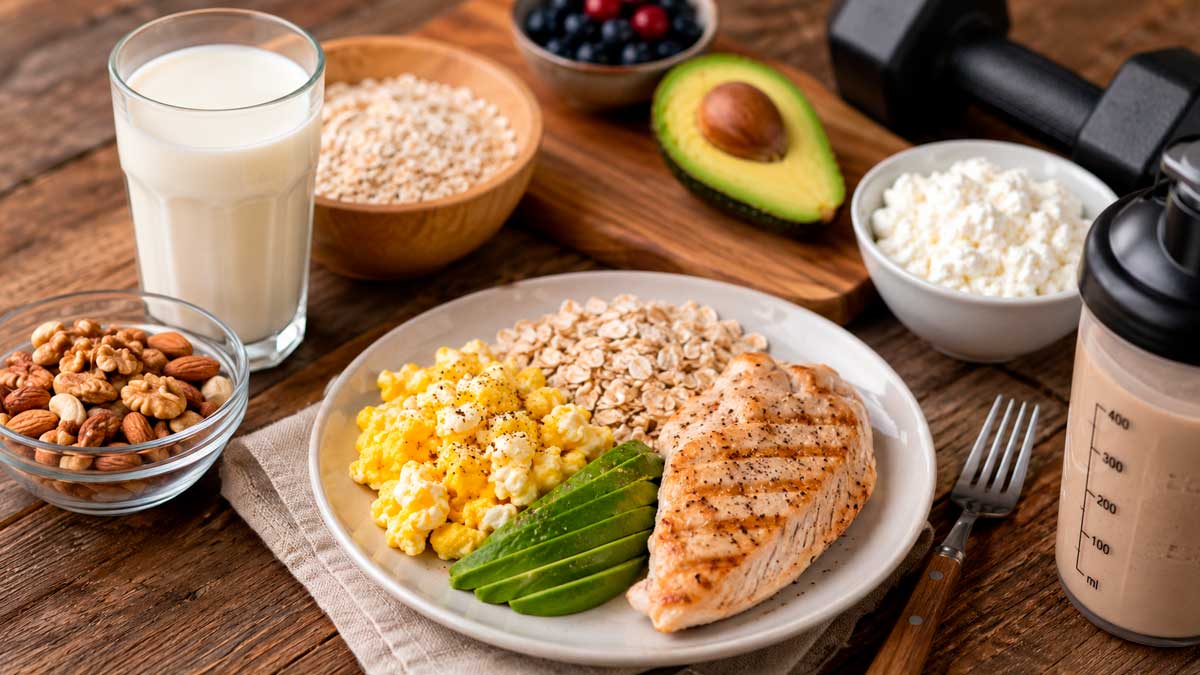 Desayuno saludable con proteínas, avena y aguacate para ganar masa muscular y reducir grasa corporal