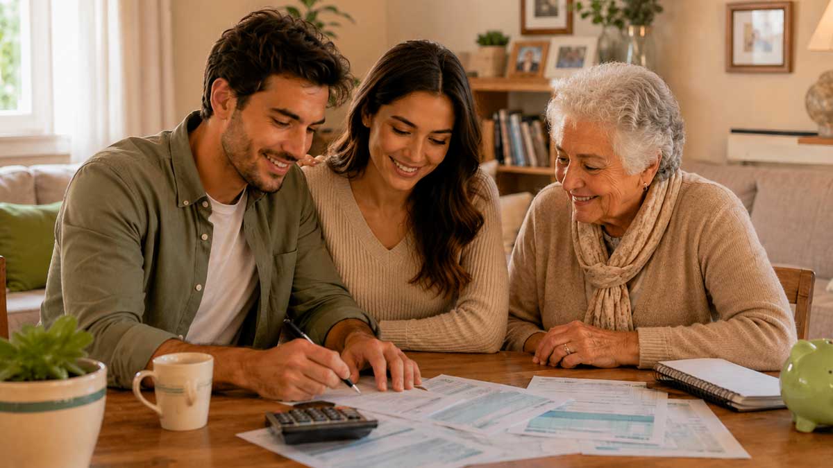 Pareja joven revisando la declaración de la Renta 2025 junto a una mujer mayor en una vivienda de Andalucía