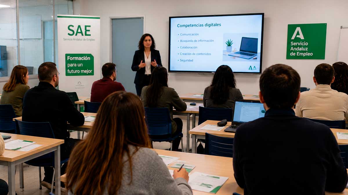 Alumnos durante un curso gratuito del SAE en un aula de formación de Andalucía con certificado profesional