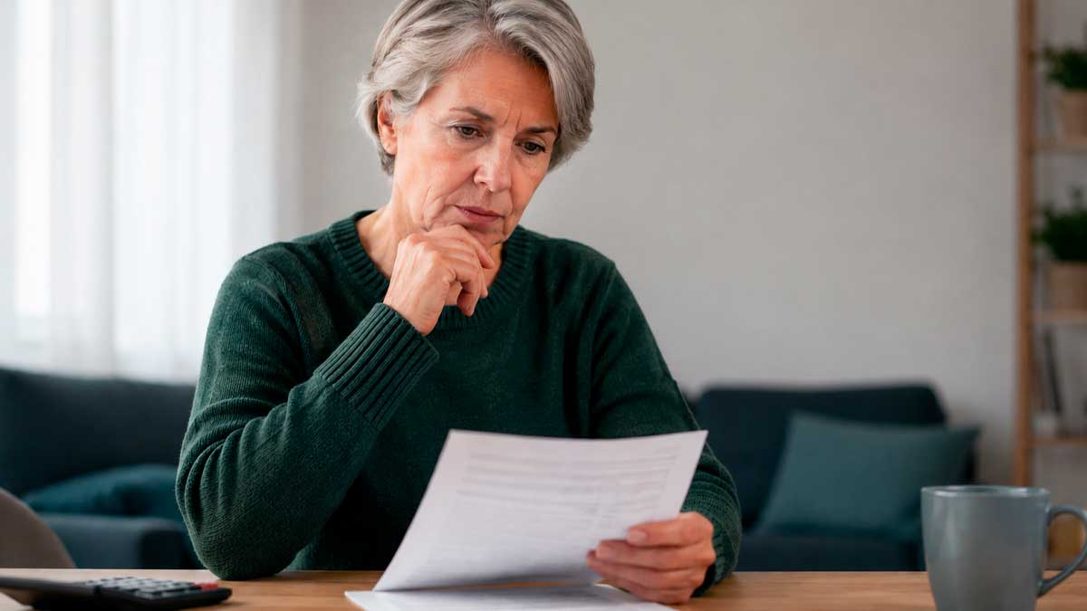 Mujer revisando documentos sobre la pensión de viudedad y el límite de la pensión máxima de la Seguridad Social