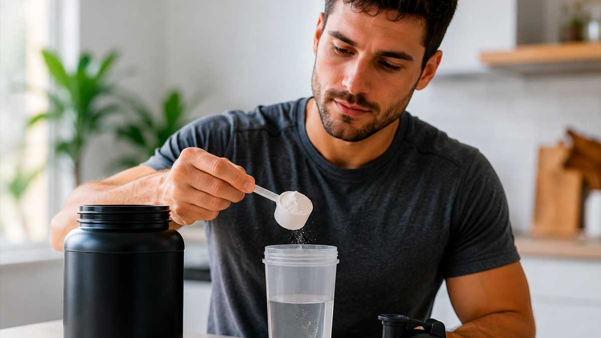 Hombre preparando creatina en polvo antes de entrenar en casa