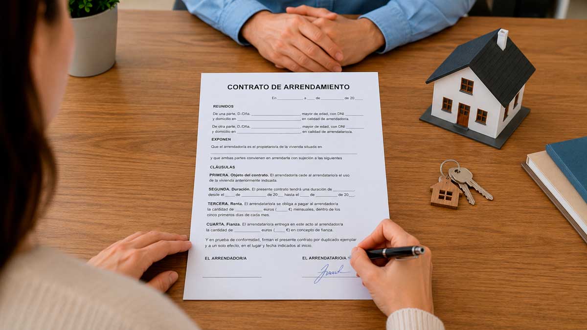Persona firmando un contrato de arrendamiento junto a las llaves y una maqueta de vivienda tras alquilar un piso