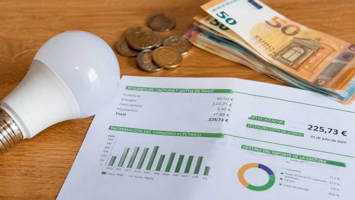 Factura de la luz junto a bombilla y billetes de euro por la posible subida del 15% tras el fin de la tarifa regulada