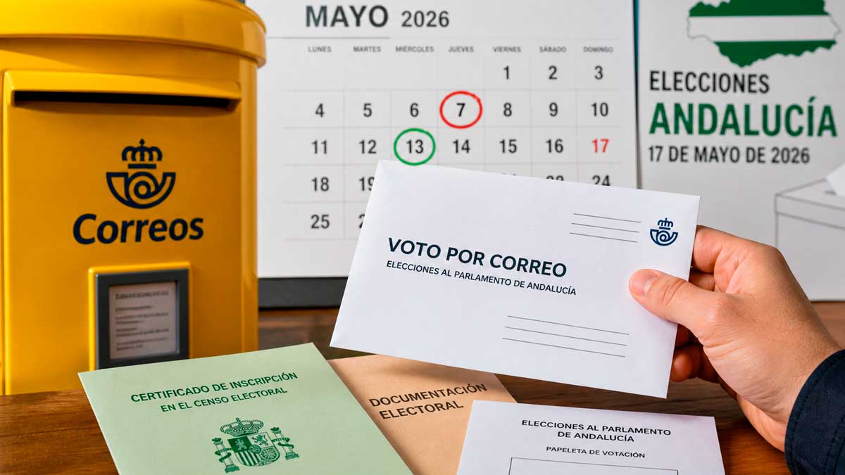Buzón de Correos y papeleta de voto por correo para elecciones andaluzas 2026 con calendario de plazos marcado