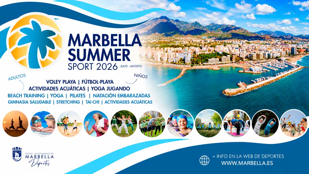 Actividades deportivas de verano en Marbella 2026 con vista aérea de la ciudad y programa Marbella Summer Sport
