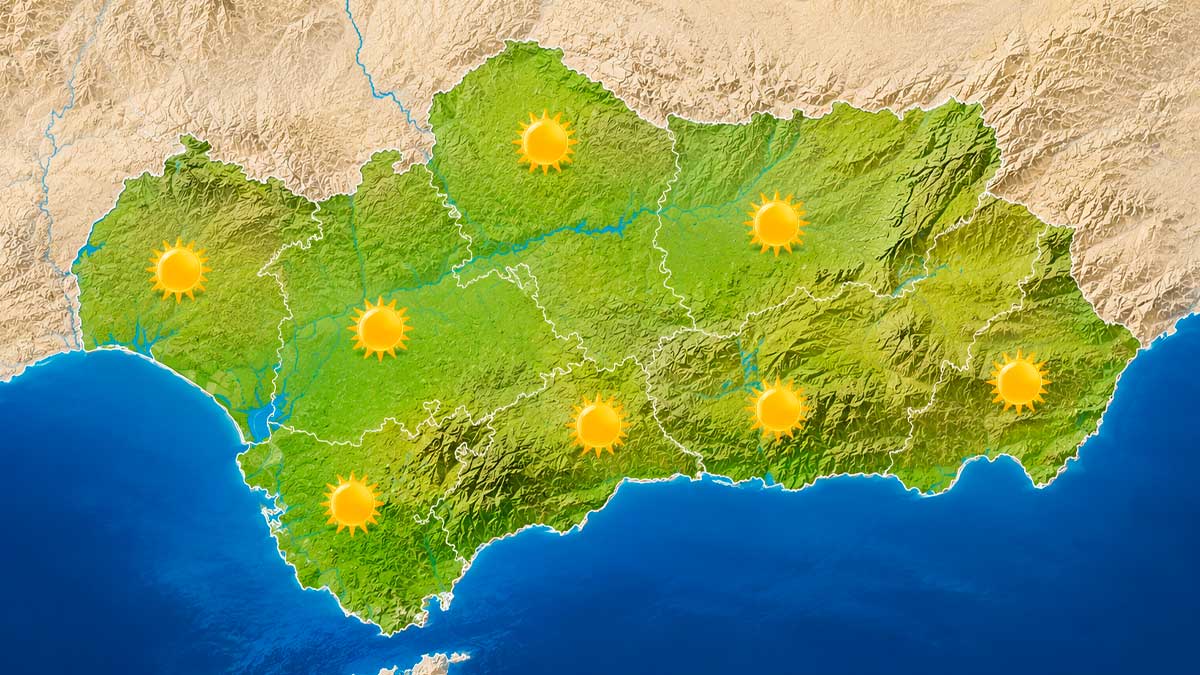 Mapa meteorológico de Andalucía con tiempo soleado y temperaturas cercanas a 38 grados