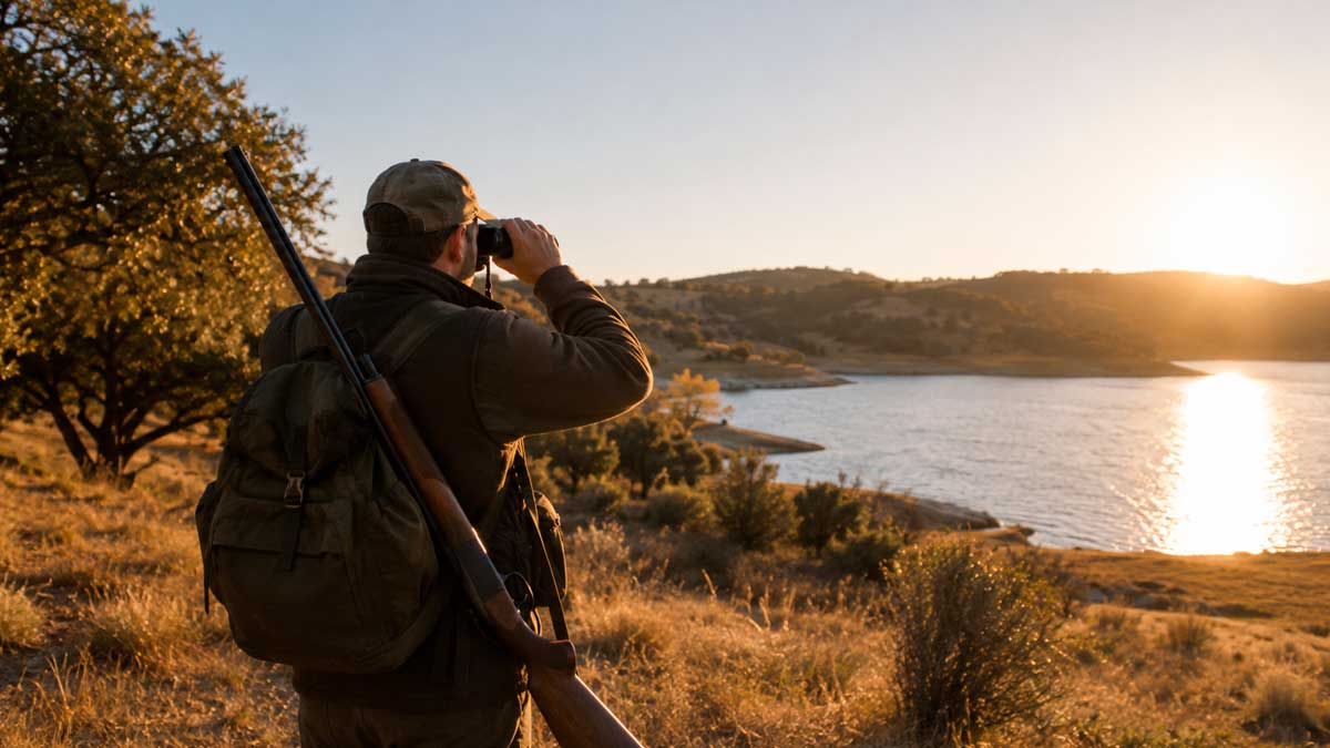 Cazador observando un entorno natural junto a un embalse tras la ampliación de la licencia interautonómica de caza y pesca