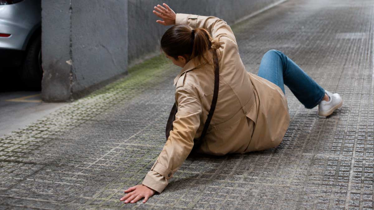 Mujer caída en la rampa de un garaje en un accidente laboral al ir al trabajo