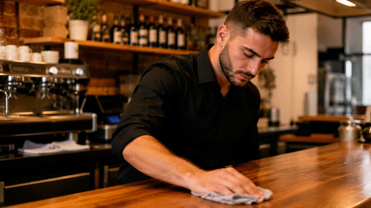 Camarero trabajando detrás de la barra de un bar durante su jornada laboral
