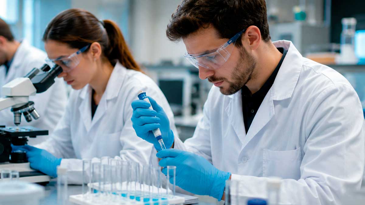 Ingenieros trabajando en un laboratorio científico con equipos de investigación y análisis tecnológico