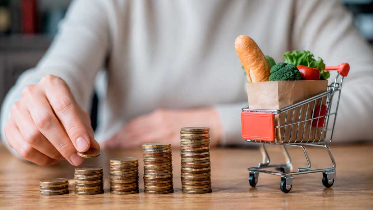 Monedas apiladas junto a una cesta de la compra para ilustrar la subida de nóminas y el coste de la vida en Andalucía
