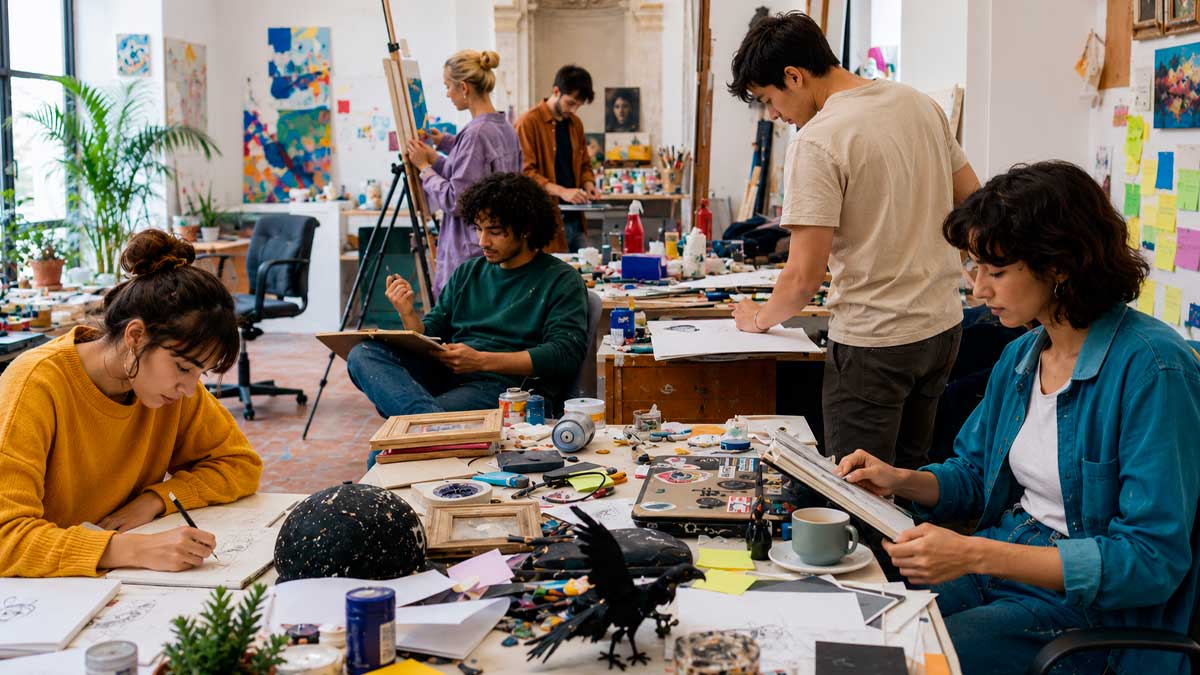 Jóvenes artistas trabajando en taller creativo para la convocatoria Iniciarte 2026