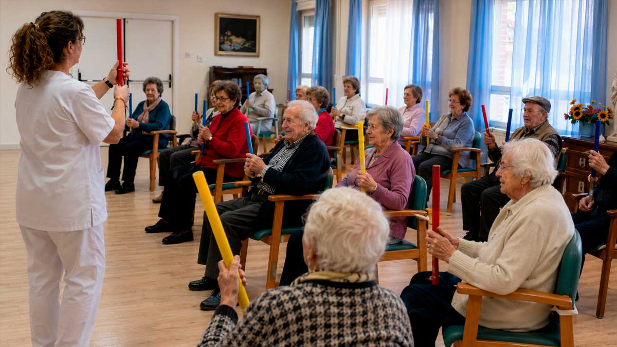 Mayores realizan ejercicios en una residencia de Andalucía durante una actividad asistida