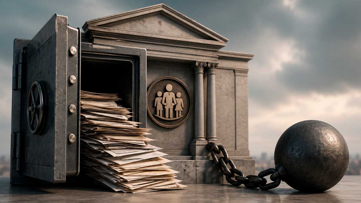 Deuda de la Seguridad Social representada por documentos acumulados en una caja fuerte