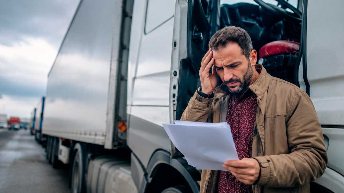 Camionero preocupado revisando documentos sobre dietas de camionero