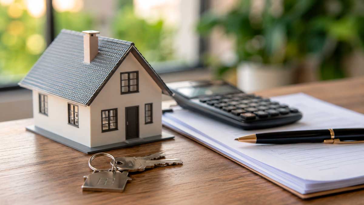 Maqueta de vivienda junto a unas llaves, una calculadora y documentación relacionada con hipotecas fijas en Andalucía