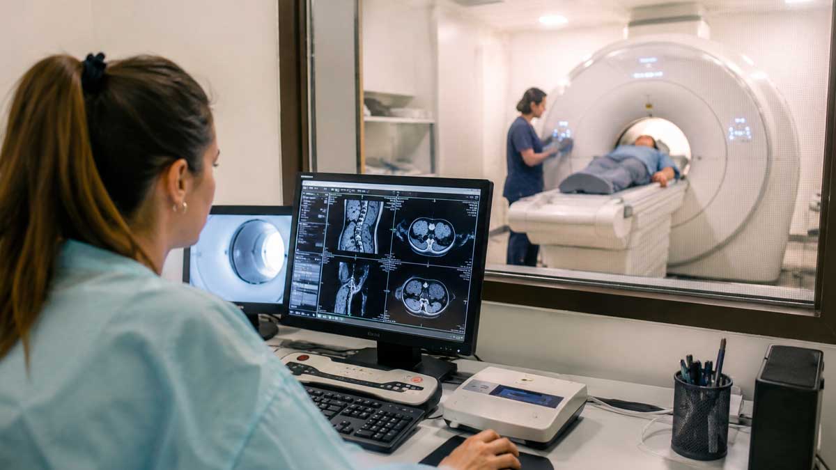 Profesional sanitario supervisa una prueba diagnóstica por imagen con el nuevo sistema del SAS en Andalucía