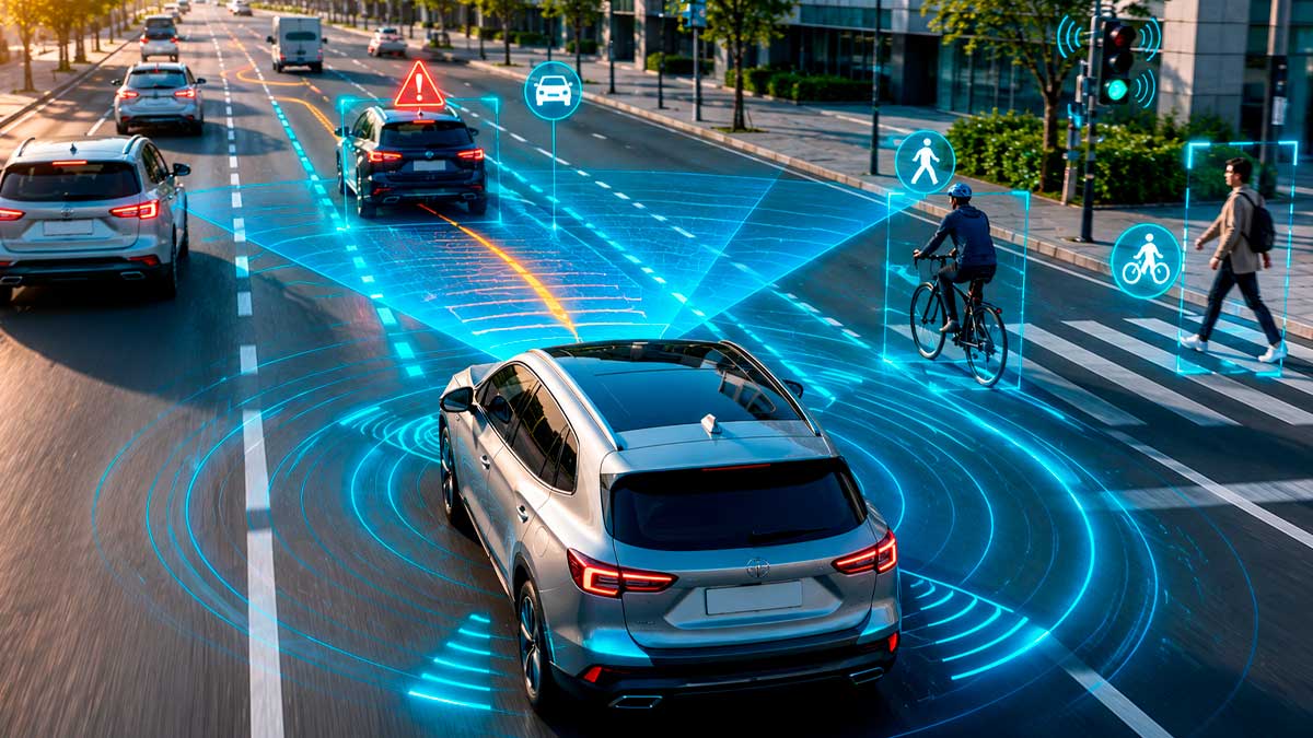 Coche con sistemas ADAS detectando peatones y ciclistas en una ciudad