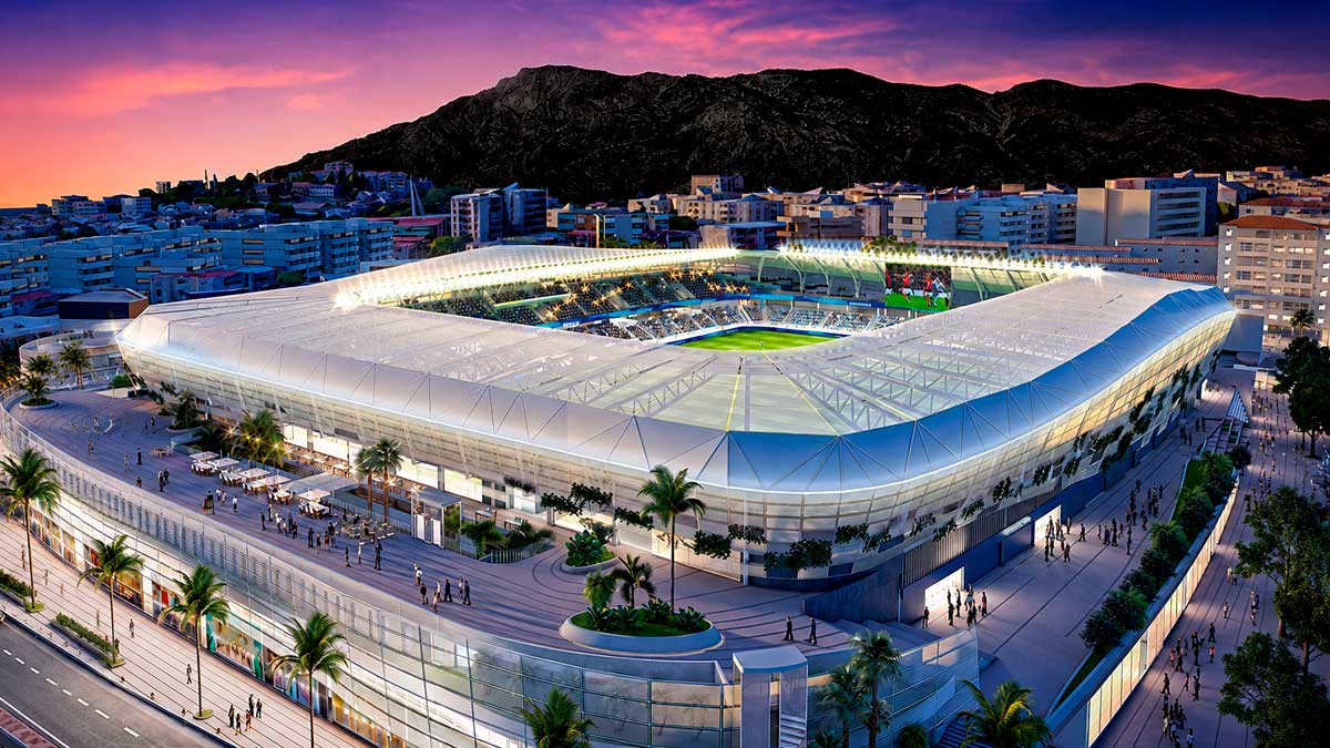Recreación del nuevo estadio del Marbella CF tras la inversión de 115 millones de euros en Andalucía