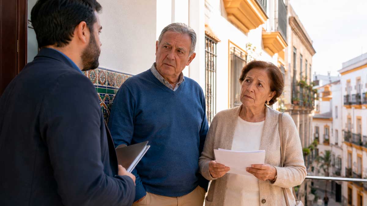 Mayores andaluces con documentos hablan con un agente inmobiliario sobre el alquiler de una vivienda