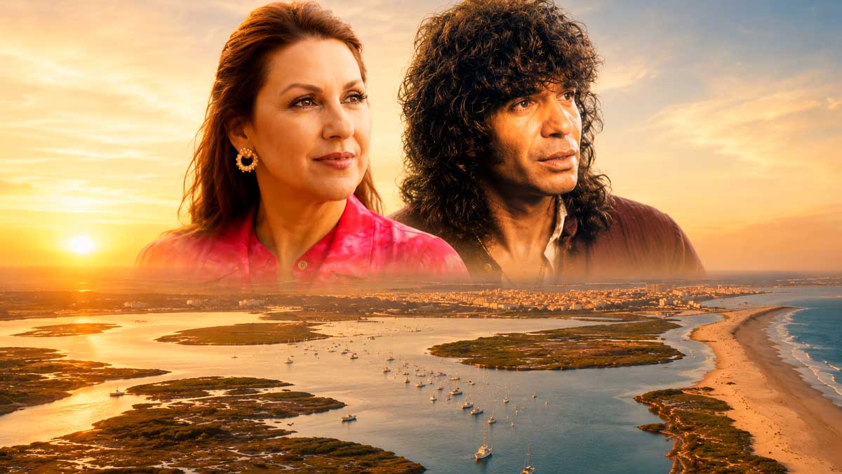 Niña Pastori y Camarón sobre una vista aérea de la Bahía de Cádiz y las marismas de San Fernando
