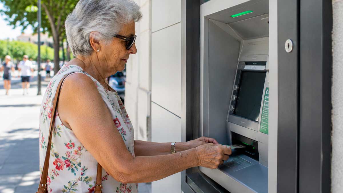 Mujer mayor sacando dinero en un cajero automático, pago de pensiones en junio 2026